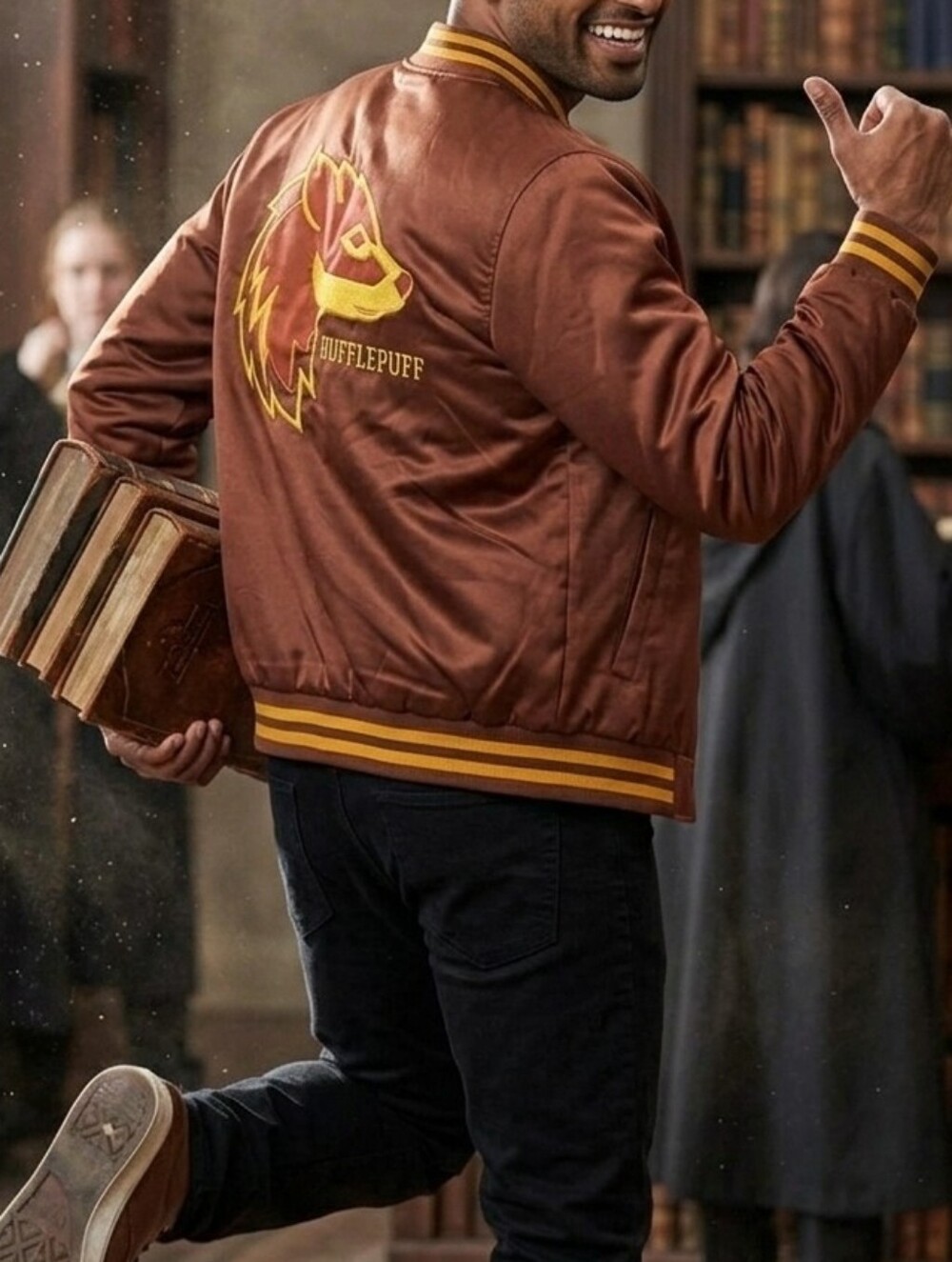 Authentic BoxLunch Exclusive Harry Potter Hufflepuff Satin Varsity Bomber Jacket - Picture 2 of 9